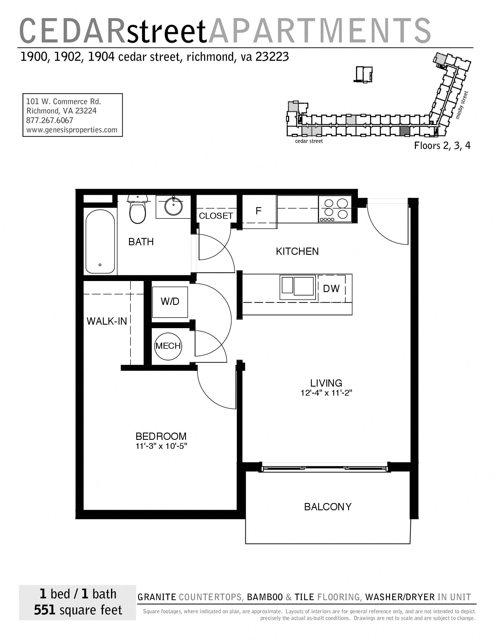 Floor plan for 1 bed, 1 bath, 597 sqft